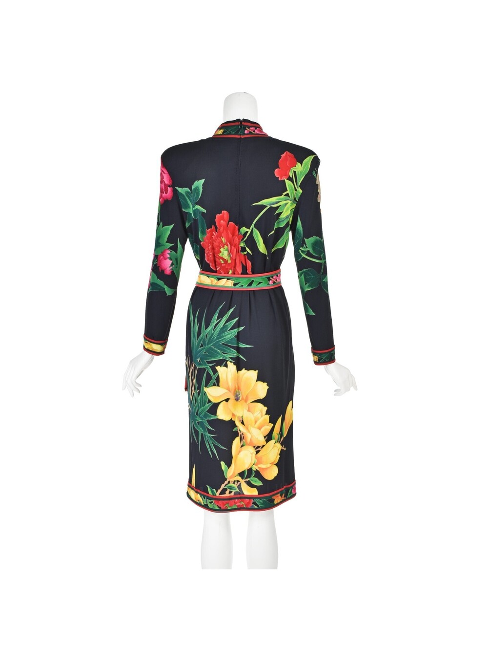 LEONARD PARIS 1980s Black Knit Shift Dress w/Asian Floral Print & Tie Belt SZ L - Picture 12 of 13